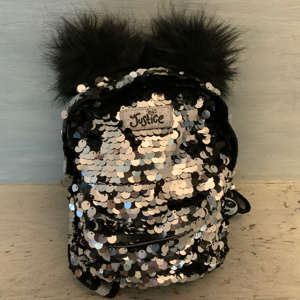 Justice Silver Tone/Black Sequined Faux Fur Accented Mini Pack Pack Bag Purse GC